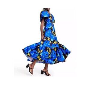 Christopher John Rogers Target Blue Floral Puff Sleeve Tiered Dress SZ 6 Easter